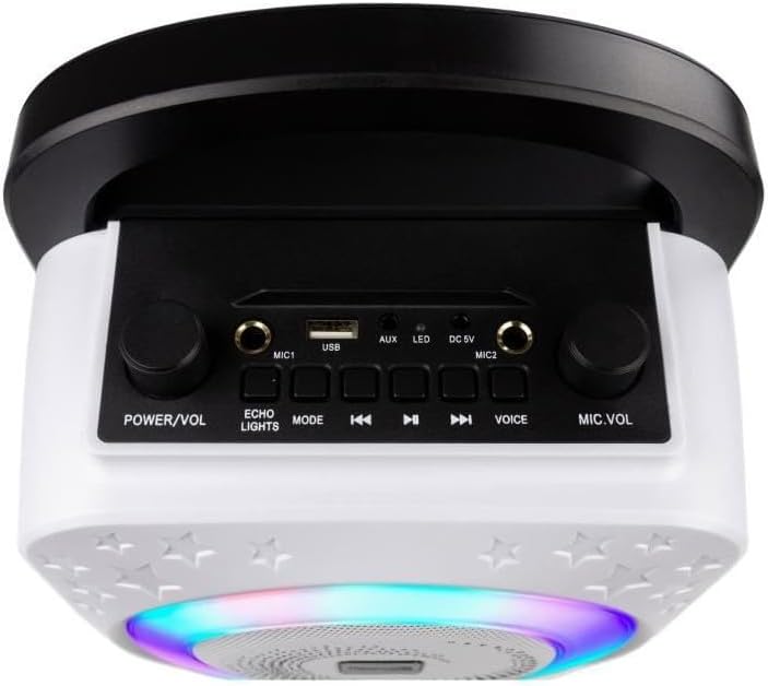 Máquina de karaoke Bluetooth recarregável efeitos de mudança de voz e luzes LED