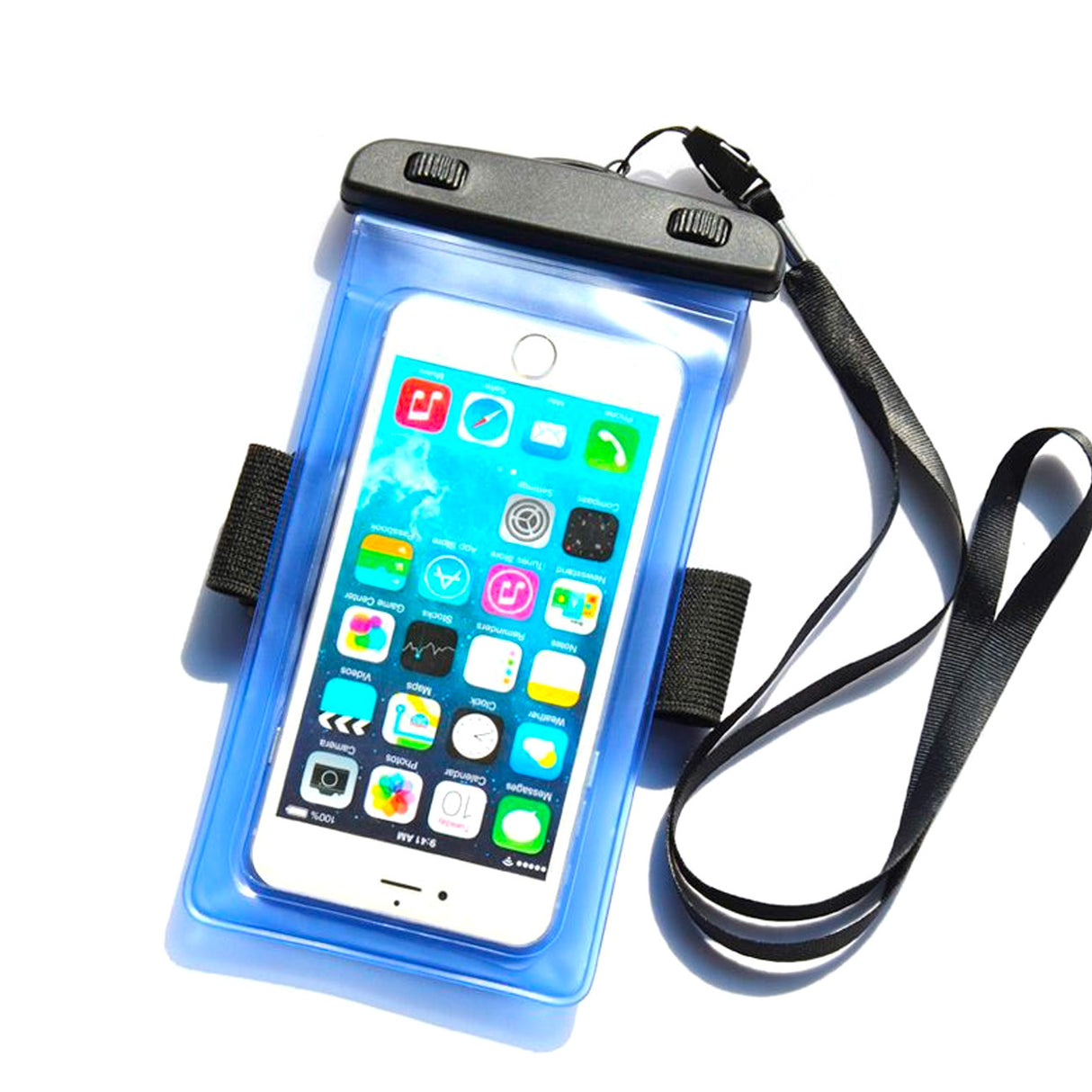 Capa impermeável com braçadeira para telefone em PVC - azul