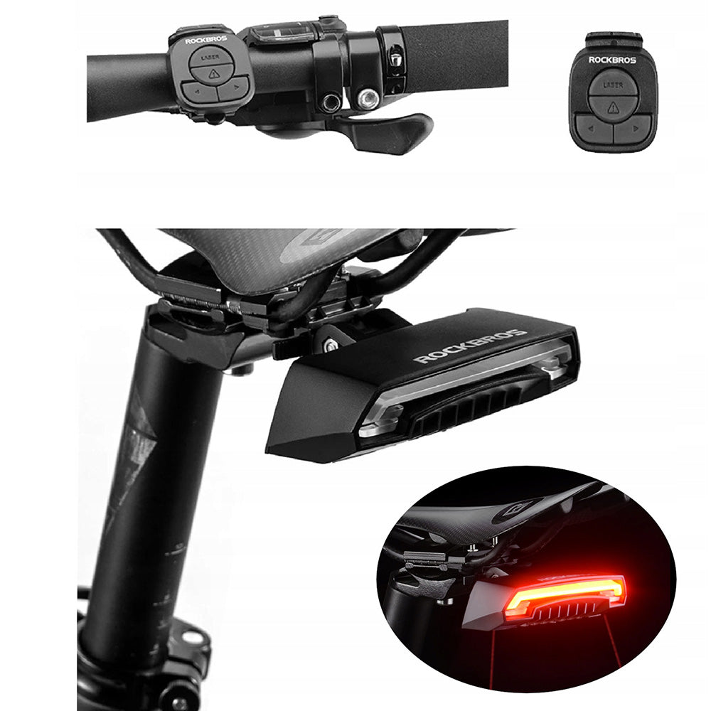 Lanterna traseira para bicicleta Rockbros LKWD-R1 com laser e controle remoto + cabo micro USB - USB-A - preta