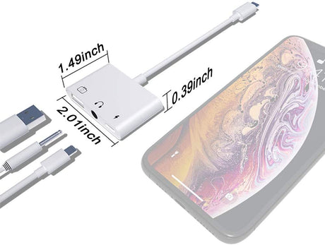 Adaptador Lightning 3 em 1 Câmara USB + Jack 3.5mm + Carregamento