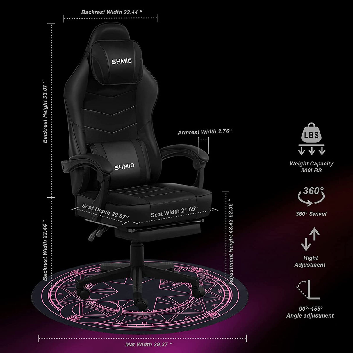 Cadeira Gaming com Massagem Apoio para os Pés e Tapete – Preto