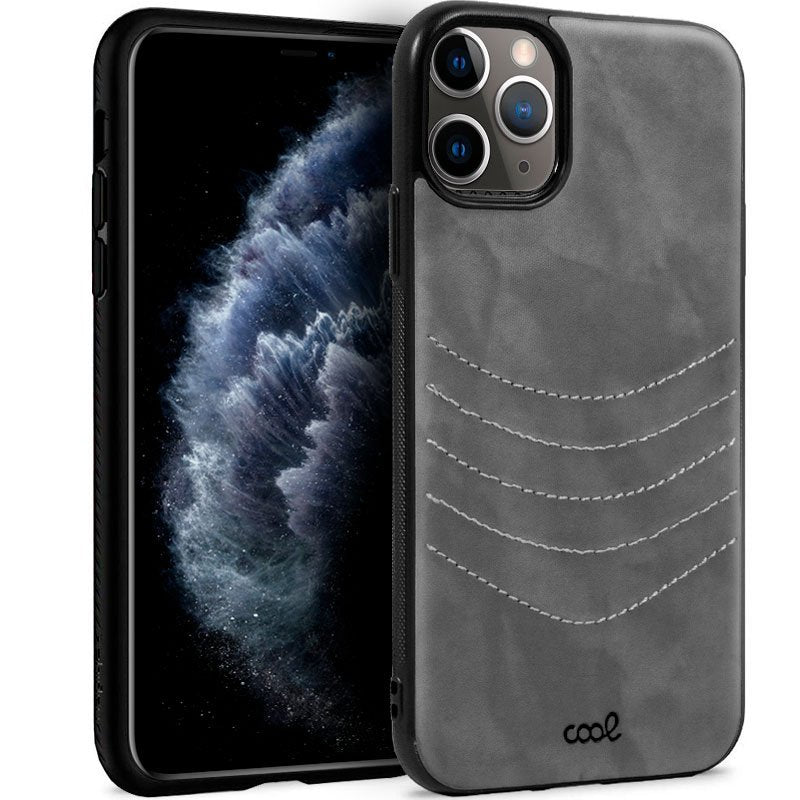 Capa em pele bordada para iPhone 11 Pro, cinza