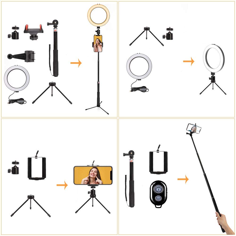 Anel de LED 8" com Selfie Stick tripé e Comando Bluetooth - Ring light