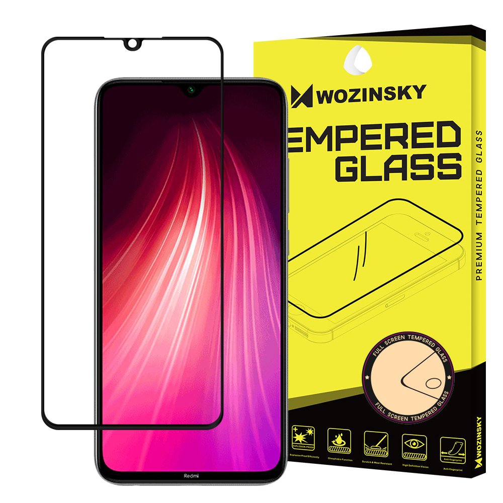 Wozinsky Vidro Temperado Cola Completa Protetor de Tela Super Resistente Totalmente Coberto com Caixa de Armação Amigável para Xiaomi Redmi Note 8 preto