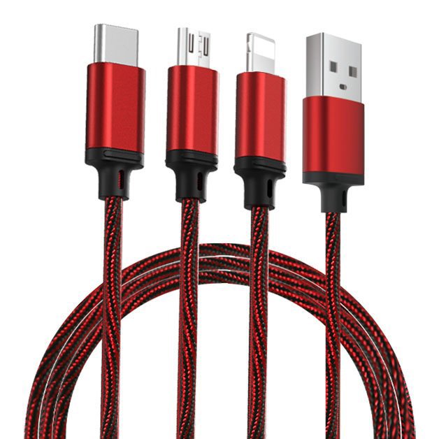 Remax Agile 3 em 1 RC-131th Nylon trançado USB - cabo micro USB  -  Lightning  -  USB-C 2.8A 1m vermelho (PD-B31th vermelho)