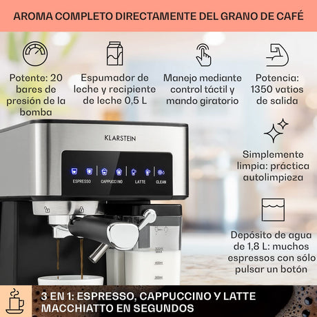 Klarstein Arabica Comfort Máquina de café 1350W, 1,8L Prata