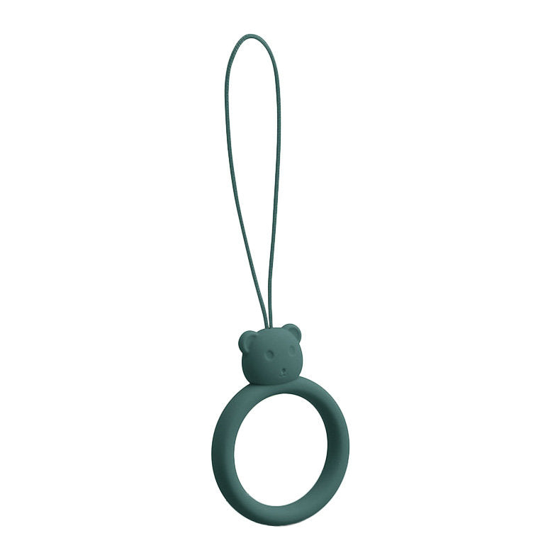 Um cordão de silicone para um anel de urso de telefone em um verde garrafa de dedo