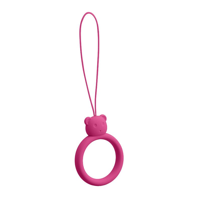 Um cordão de silicone para um anel de urso de telefone em um dedo roxo