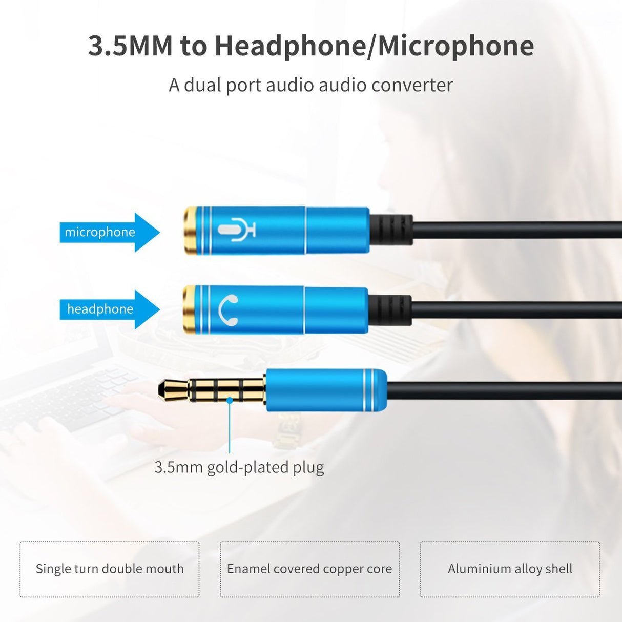 Cabo Jack 3,5mm Macho para 2 Fêmeas - Microfone / Headphone (Azul) - Multi4you®