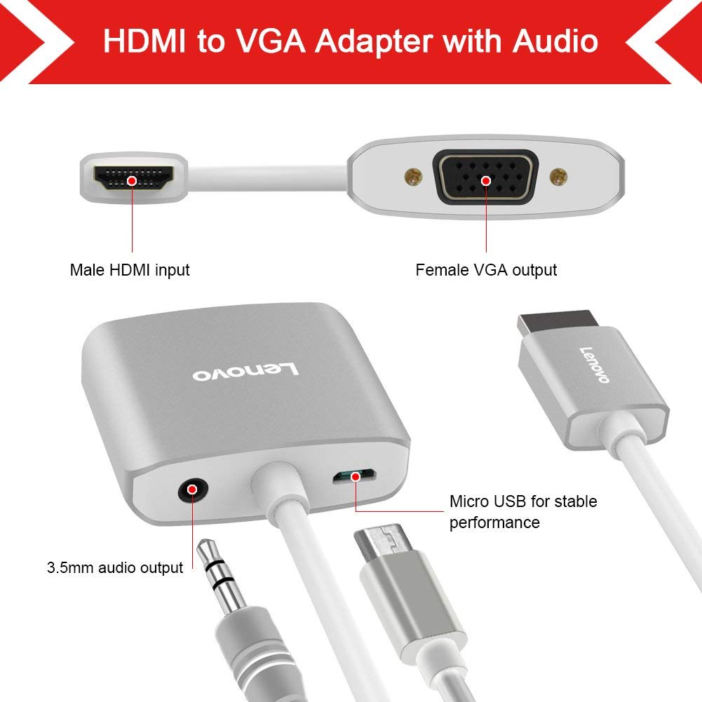 Adaptador Conversor de HDMI para VGA Lenovo H201 Com Áudio Jack 3.5mm + Micro USB (Grey)