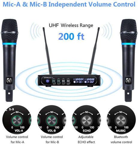 Microfone Wireless Receptor 2 Canais UHF com Bateria Recarregável e Bluetooth