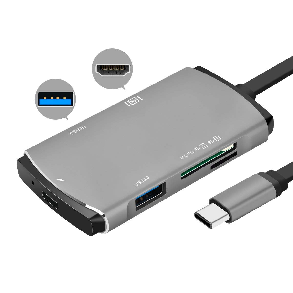 Adaptador USB-C HUB para HDMI 4K USB 3.0 e Leitor de Cartões Micro SD / SD 6 em 1 - Multi4you®